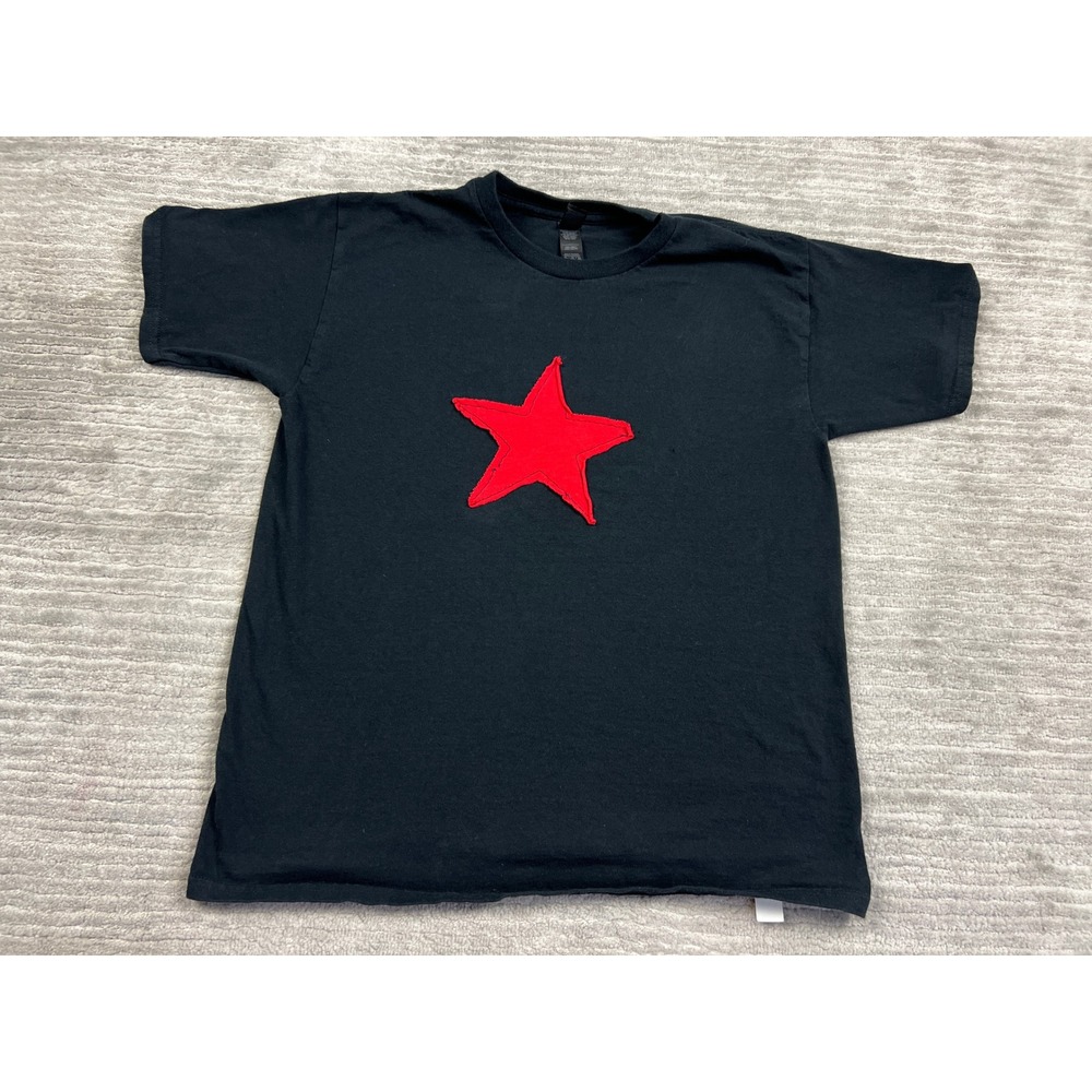 Gildan T-Shirt Youth XL Black Red Star Patch Heavy Cotton Short Sleeve Tee